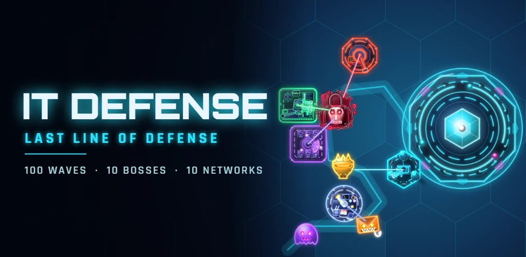 IT Defense: towers along a glowing route defend a Core server from malware and a boss virus